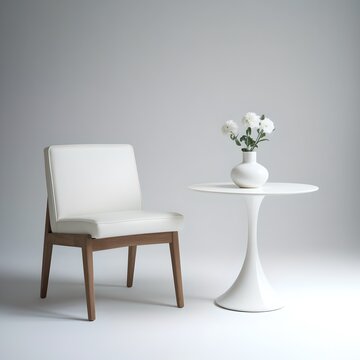 Pemandangan interior minimalis menampilkan kursi kulit berwarna putih, meja bundar berwarna putih dengan vas bunga berwarna putih, dengan latar belakang netral