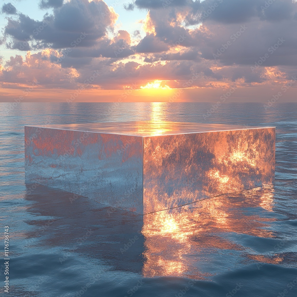 Canvas Prints Sunset, metallic cube, calm ocean.