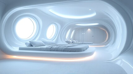 Fototapeta premium A futuristic bedroom design featuring smooth, curved lines and bright, ambient lighting.