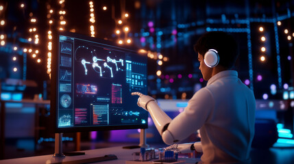 A bustling innovation hub where a robotic designer is testing a fleet of small drones. The designer uses a touch-sensitive digital interface, and a humanoid robot assistant is besi