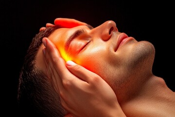 Naklejka premium chiropractic and technique concept. Relaxed man receiving a soothing facial treatment with warm light.