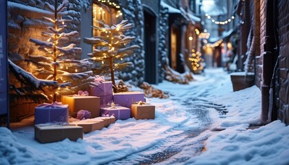 Winter holiday festive alley with gifts and snowy atmosphere