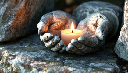 Tranquil stone hands holding candle with copy space