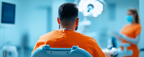 Patient in orange gown seated in a medical environment with a masked professional.