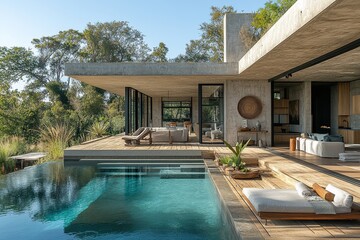 Fototapeta premium Modernist Concrete House with Wooden Deck in South African Countryside, Pool Surrounded by Greenery Under Blue Skies, Inviting Relaxation