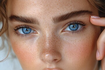 Fototapeta premium Close up Portrait of a Young Woman with Freckles and Blue Eyes Soft Focus