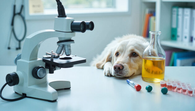Golden retriever curiously observing veterinary microscope in lab, pet care