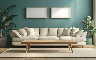Modern living room interior with blank frames, sofa, plants, and sunlight. (1)