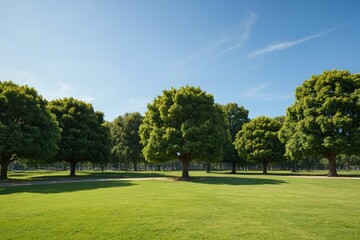 trees in a park with a path and a blue sky