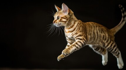 Obraz premium Playful Bengal Kitten Leaping in Mid-Air With Striking Stripes and Expressive Eyes Against a Dark Background, Showcasing Energy and Curiosity