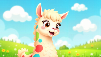 Fototapeta premium Playful cartoon llama smiling in sunny meadow, whimsical joy