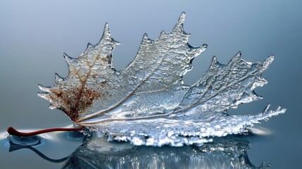 A leaf submerged in freezing water, ice crystallizing around its edges, creating a delicate winter tableau.