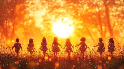 Fototapeta premium Silhouettes of children holding hands at sunset, creating a sense of unity and joy.
