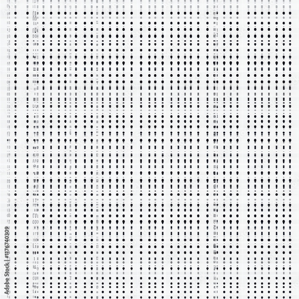 Poster abstract pattern of circles and dots in varying sizes, creating a monochrome visual rhythm.