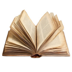 Open antique book with aged pages isolated on transparent background.