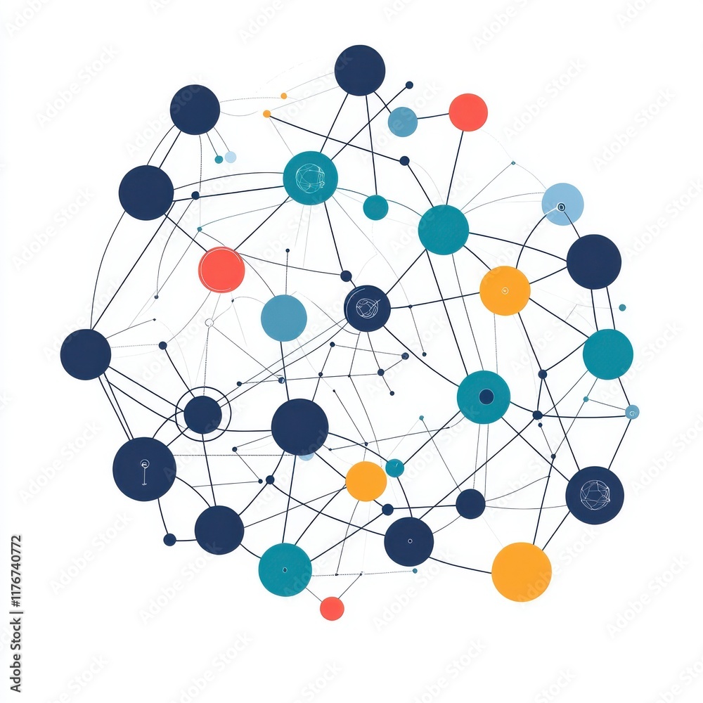 Poster abstract network of interconnected dots and lines in vibrant colors, representing digital communicat