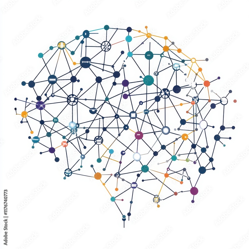 Poster abstract illustration of a human brain made of interconnected nodes and lines representing neural ne