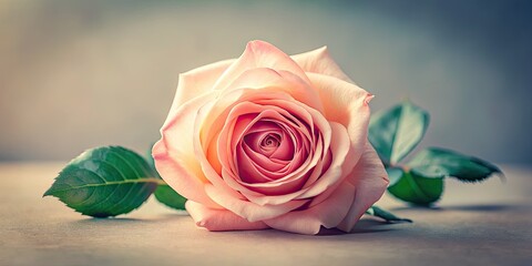 A delicate vintage pink rose, softly petaled, blooms against a botanical, retro floral background.