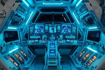Fototapeta premium The interior of a spaceship, the cockpit features blue lights and numerous buttons and screens. 