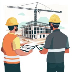 Two male construction workers, one in an orange vest and hard hat, inspecting plans on tablets at a building site.