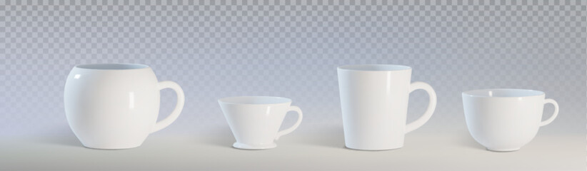 Coffee mug mockup set of different shapes - spherical, conical, cylindrical and rounded cups in glossy white ceramic. Clean minimalist drinkware for branding presentations and cafe menu design.