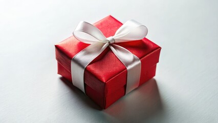 A small red gift box, crisply photographed against a clean white background, evokes festive cheer.