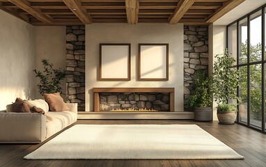 Modern living room with fireplace, stone wall, large windows, and blank canvas art.