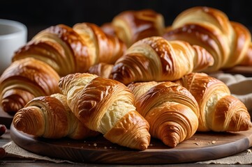 there are many croissants on a wooden board on a table