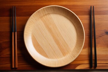 there is a wooden plate with chopsticks and a bowl on a table