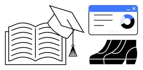 Fototapeta premium Open book with graduation cap, data analysis presentation, and formal shoes symbolize academic achievement, data-driven decision making, and career advancement. Ideal for education, graduation