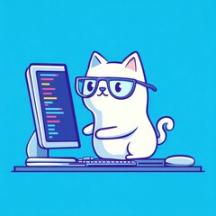 A cute white cat wearing glasses, intently working at a computer with colorful code on the screen.