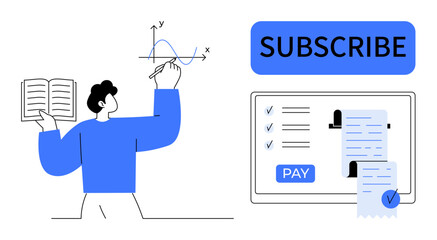 Person presenting mathematical graph with book, online subscription and payment processing on screen. Ideal for education, e-learning, online courses, subscription services, digital payments