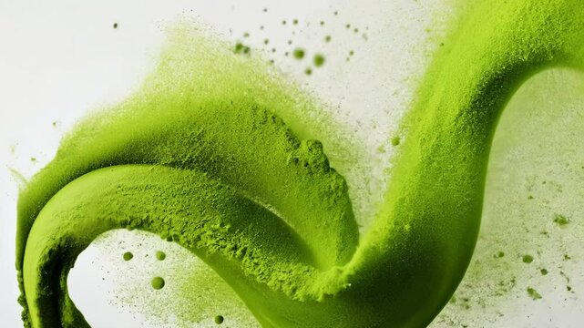 Green powder is being blown into the air. The powder is green and he is a type of powder used for cleaning