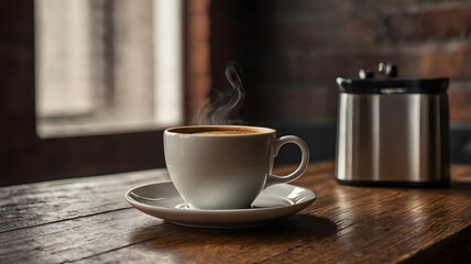 cup of coffee on wooden table, ai generated