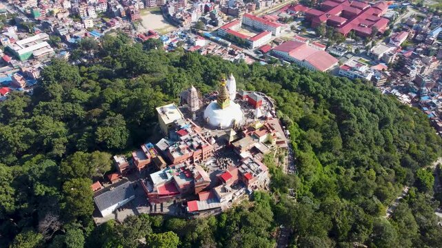 Aerial view of Swayambhunath Stupa in Kathmandu, Nepal. Known as the Monkey Temple, this Buddhist temple is a UNESCO World Heritage Site.