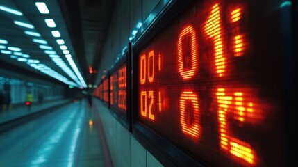 Red digital countdown timer in subway tunnel.