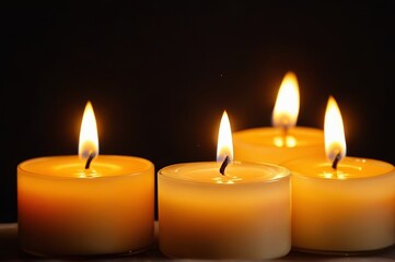 three lit candles are sitting on a plate with a black background
