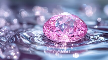 Pink gemstone on water surface, shimmering light reflections.