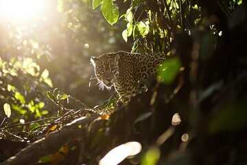 A majestic jaguar emerging from dense Amazonian foliage, its rosette-patterned coat glistening in the sunlight