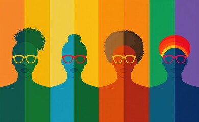Fototapeta premium A vibrant illustration featuring four colorful silhouettes wearing glasses, each with unique hairstyles, set against a striped background.
