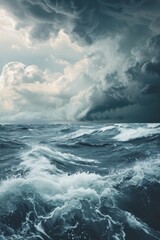 Fototapeta premium Turbulent ocean waves under a dramatic cloudy sky, showcasing nature s raw power and beauty near coastal waters