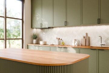 Modern Green Kitchen with Wooden Countertop design. Stylish modern kitchen featuring green...