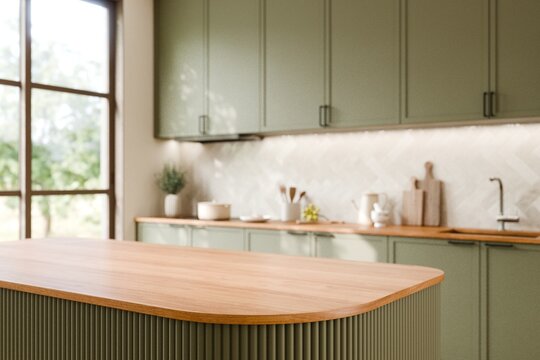 Modern Green Kitchen with Wooden Countertop design. Stylish modern kitchen featuring green cabinetry. 3d render.