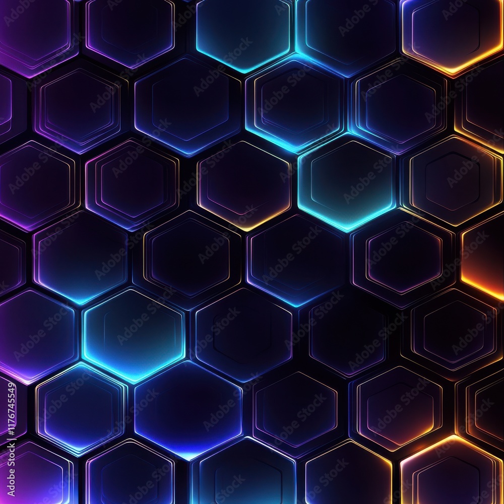 Poster vibrant abstract hexagonal pattern with glowing edges in a dark background.