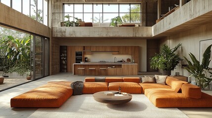 Fototapeta premium Modern living room with an orange sectional sofa and a kitchen in a spacious, bright environment.
