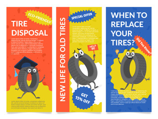 Colorful flyers promoting eco-friendly tire disposal and recycling services in the local community for all residents