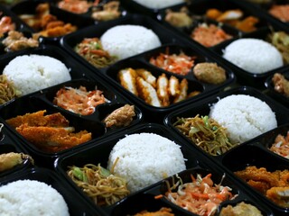 Amount of bento box meal containing katsu chicken, rice, noodles, mashed potatoes, vegetable salad, and fritter, isolated white, copy space. Suitable for students and busy worker lunch. Balance nutrit