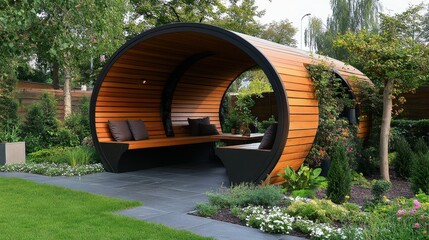 Wooden half-cylinder garden seating, lush landscaping.