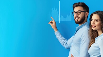 Young Couple Presenting Data on Blue Background