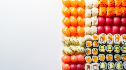 Delicious sushi rolls with rice and fish, soy sauce on a white background. Sushi Verschiedene sorten.